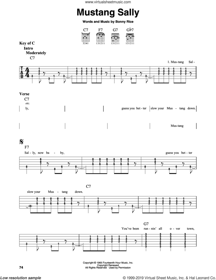Mustang Sally sheet music for guitar solo (lead sheet) by Wilson Pickett and Bonny Rice, intermediate guitar (lead sheet)