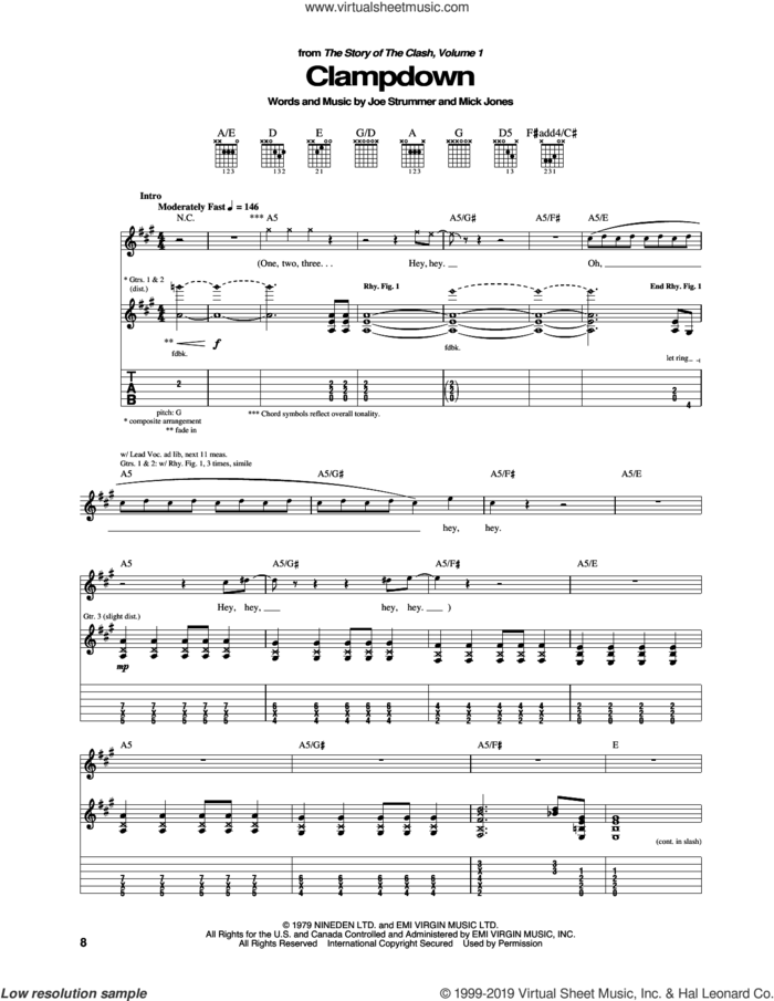 Clampdown sheet music for guitar (tablature) by The Clash, Joe Strummer and Mick Jones, intermediate skill level