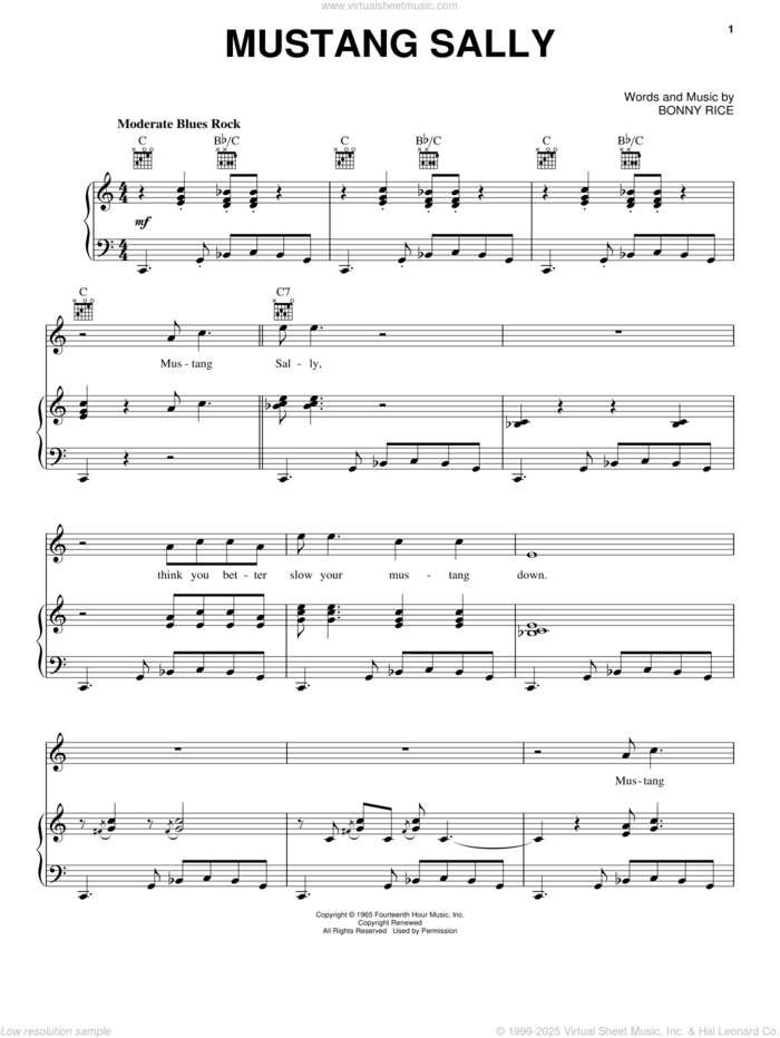 Mustang Sally sheet music for voice, piano or guitar by Wilson Pickett and Bonny Rice, intermediate skill level