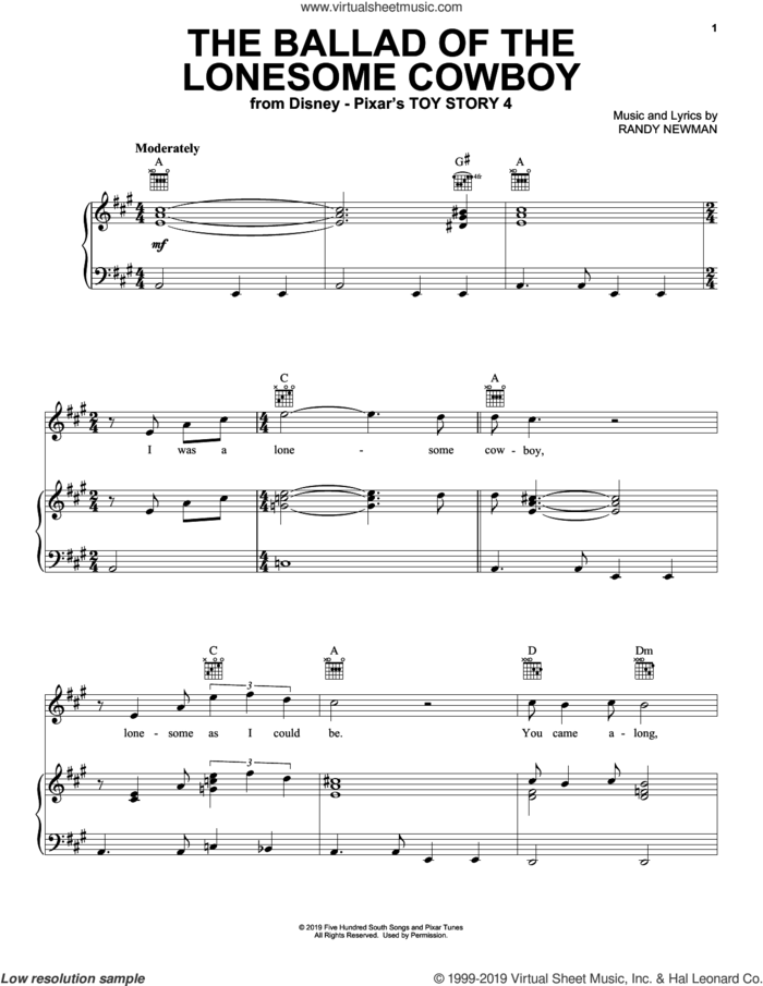 The Ballad Of The Lonesome Cowboy (from Toy Story 4) sheet music for voice, piano or guitar by Chris Stapleton and Randy Newman, intermediate skill level
