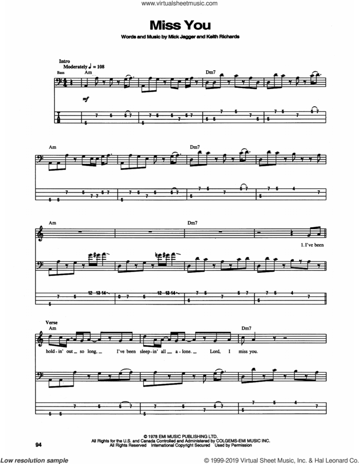 Miss You sheet music for bass (tablature) (bass guitar) by The Rolling Stones, Keith Richards and Mick Jagger, intermediate skill level