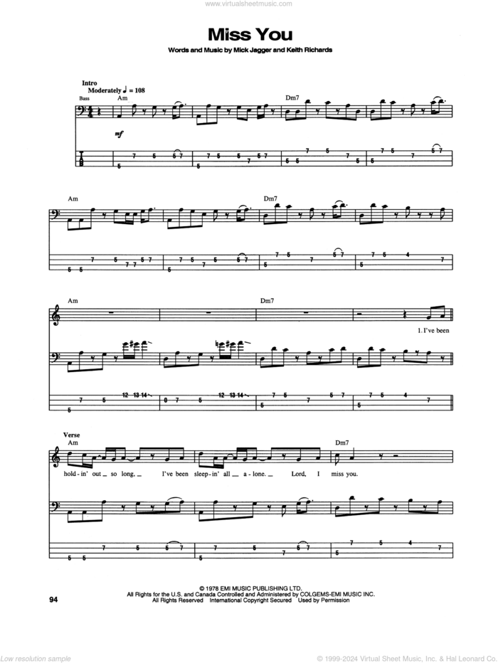 Miss You sheet music for bass (tablature) (bass guitar) by The Rolling Stones, Keith Richards and Mick Jagger, intermediate skill level