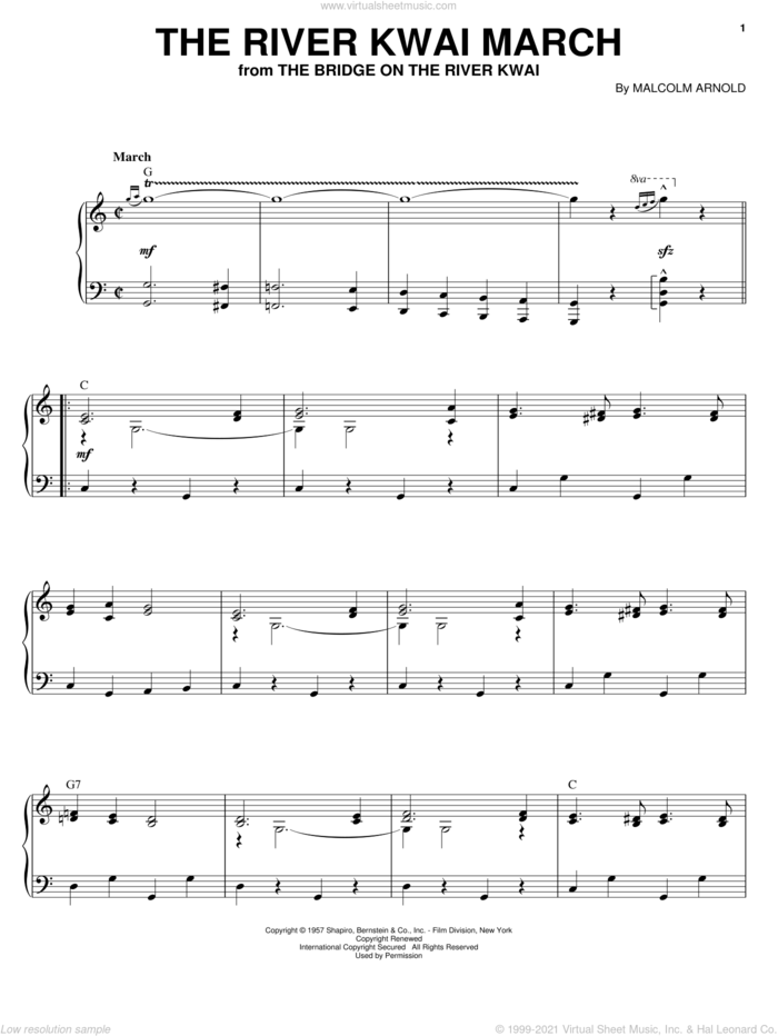 The River Kwai March sheet music for piano solo by Malcolm Arnold, intermediate skill level