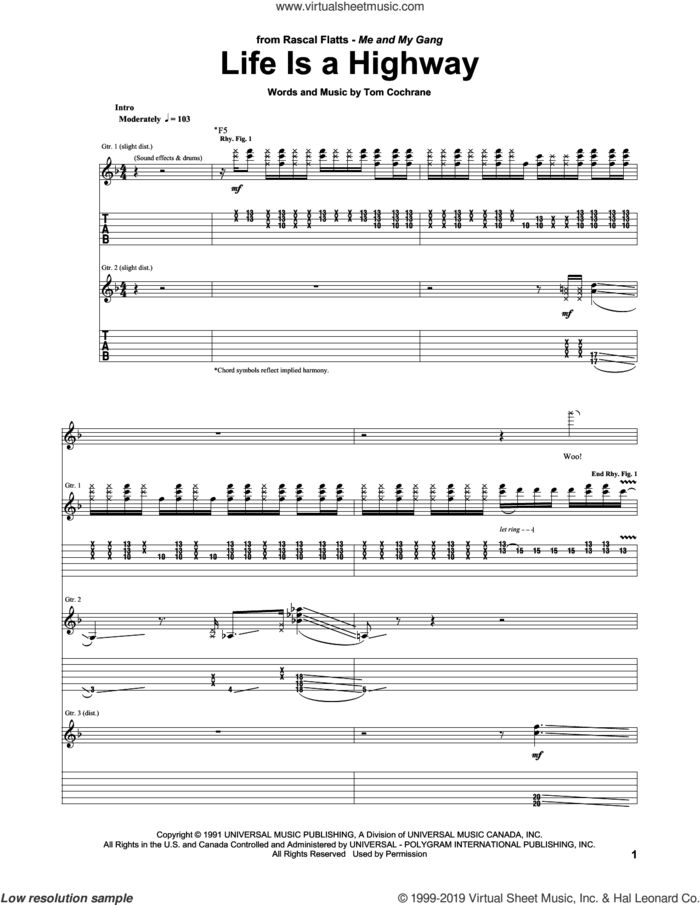Life Is A Highway (from Cars) sheet music for guitar (tablature) by Rascal Flatts and Tom Cochrane, intermediate skill level