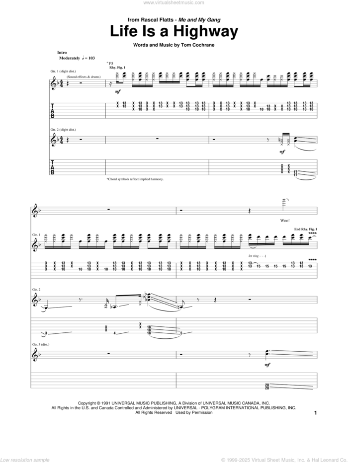 Life Is A Highway (from Cars) sheet music for guitar (tablature) by Rascal Flatts and Tom Cochrane, intermediate skill level