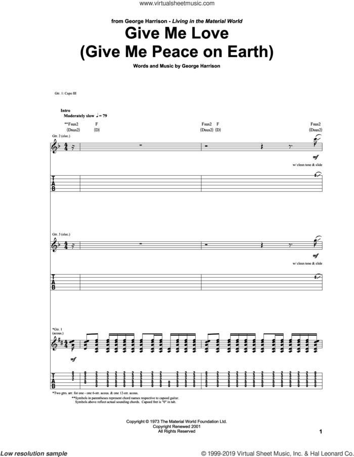 Give Me Love (Give Me Peace On Earth) sheet music for guitar (tablature) by George Harrison, intermediate skill level