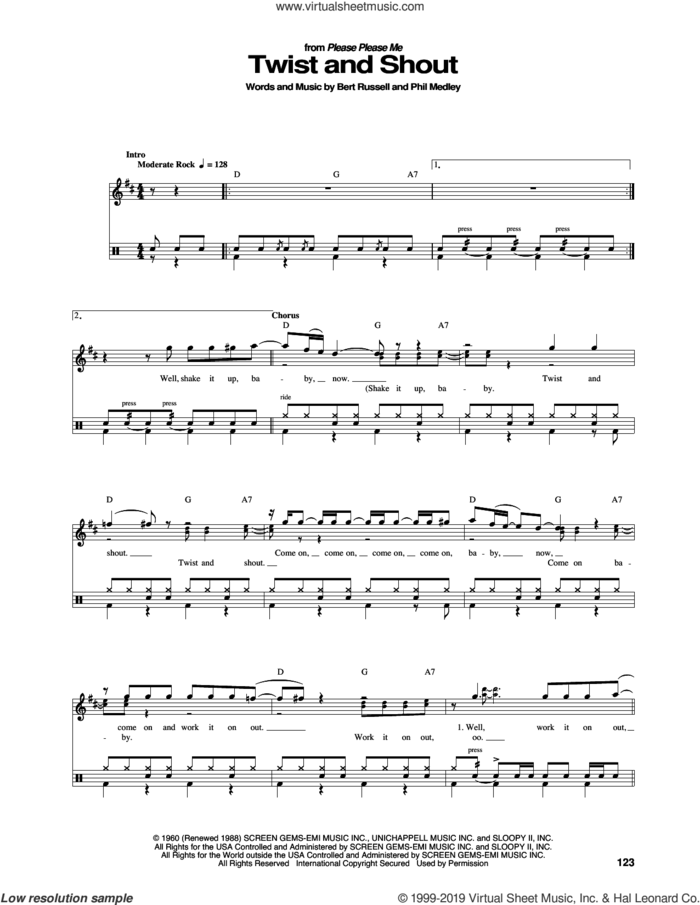 Twist And Shout sheet music for drums by The Beatles, Bert Russell and Phil Medley, intermediate skill level