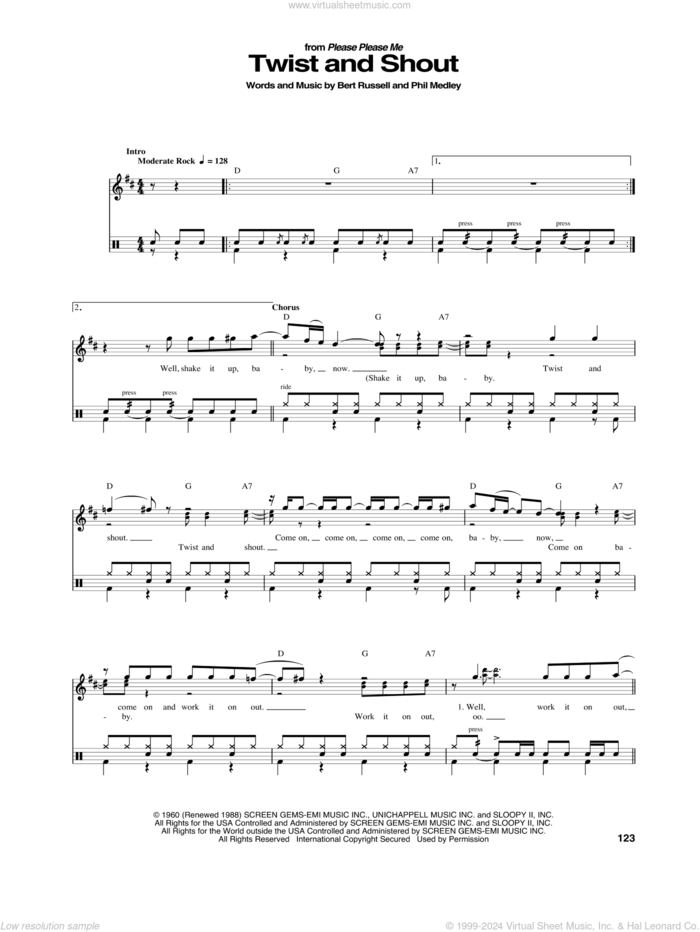 Twist And Shout sheet music for drums by The Beatles, Bert Russell and Phil Medley, intermediate skill level