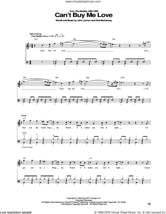 Can't Buy Me Love sheet music for drums by The Beatles, John Lennon and Paul McCartney, intermediate skill level