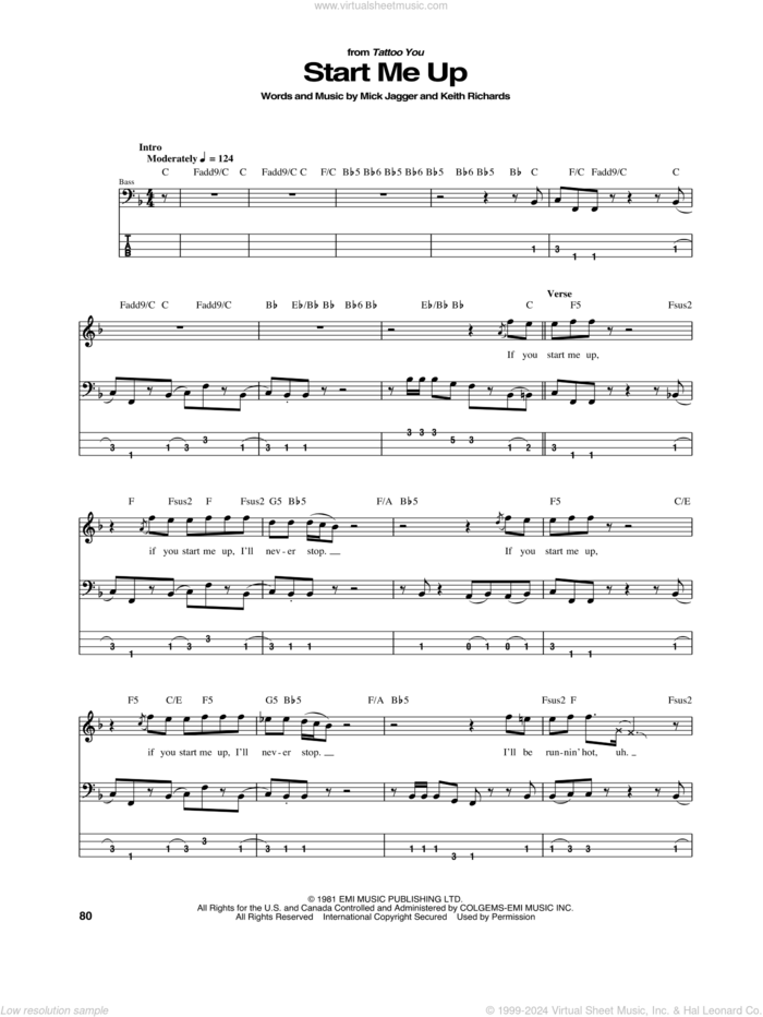 Start Me Up sheet music for bass (tablature) (bass guitar) by The Rolling Stones, Keith Richards and Mick Jagger, intermediate skill level