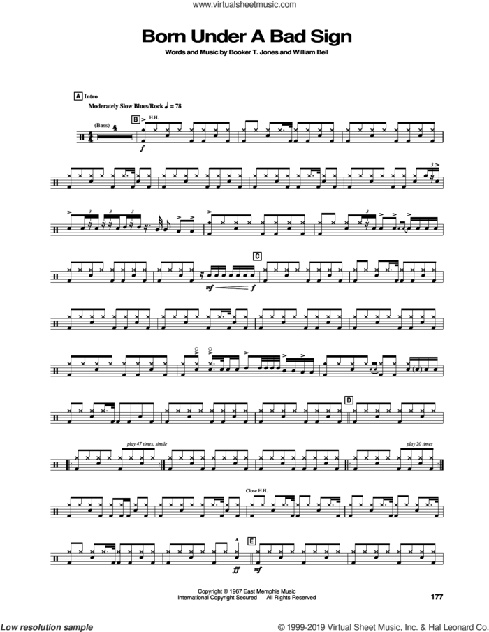Born Under A Bad Sign sheet music for drums by Albert King, Booker T. Jones and William Bell, intermediate skill level