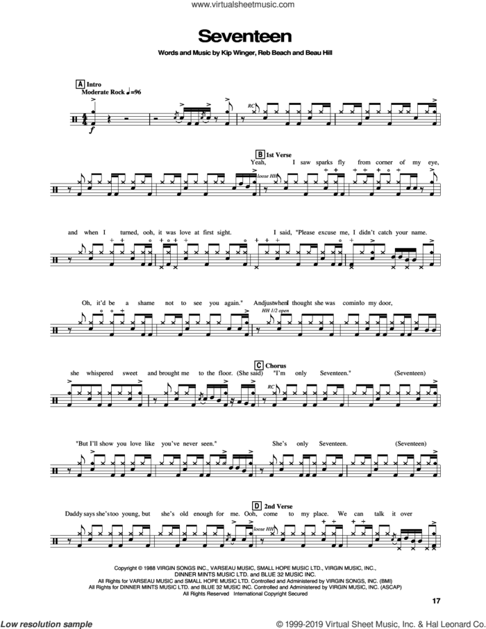 Seventeen sheet music for drums by Winger, Beau Hill, Kip Winger and Reb Beach, intermediate skill level
