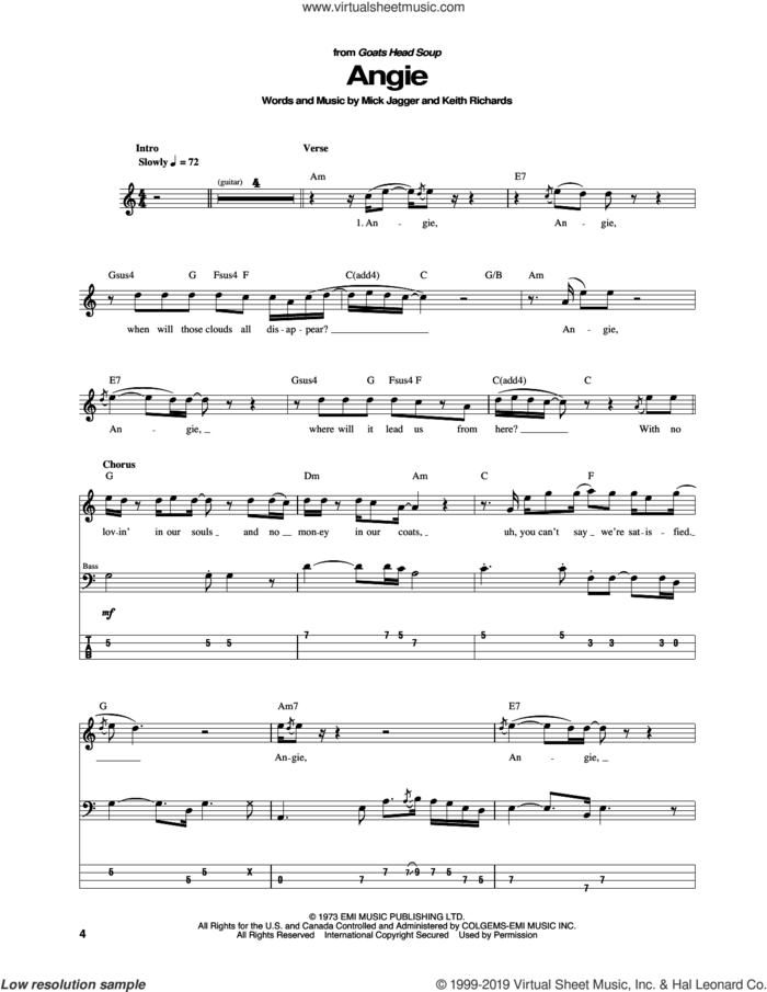 Angie sheet music for bass (tablature) (bass guitar) by The Rolling Stones, Keith Richards and Mick Jagger, intermediate skill level