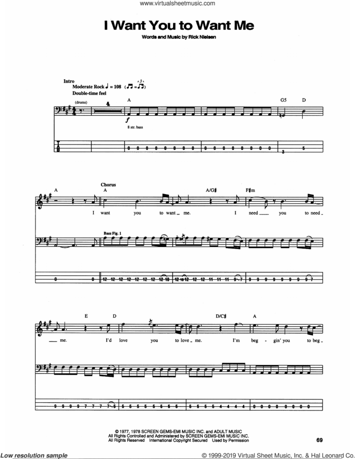 I Want You To Want Me sheet music for bass (tablature) (bass guitar) by Cheap Trick and Rick Nielsen, intermediate skill level