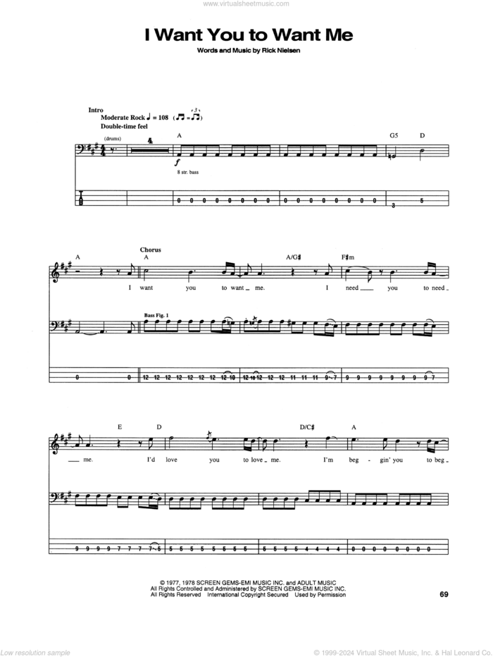 I Want You To Want Me sheet music for bass (tablature) (bass guitar) by Cheap Trick and Rick Nielsen, intermediate skill level