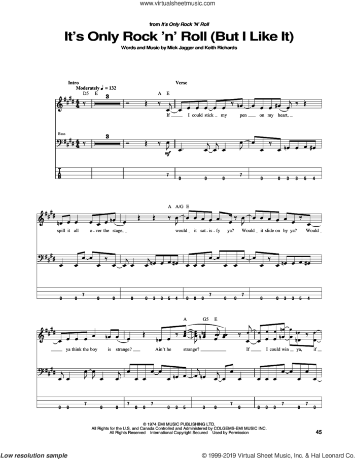 It's Only Rock 'N' Roll (But I Like It) sheet music for bass (tablature) (bass guitar) by The Rolling Stones, Keith Richards and Mick Jagger, intermediate skill level