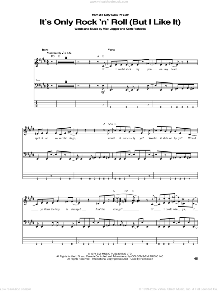 It's Only Rock 'N' Roll (But I Like It) sheet music for bass (tablature) (bass guitar) by The Rolling Stones, Keith Richards and Mick Jagger, intermediate skill level