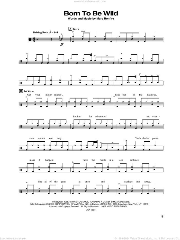 Born To Be Wild sheet music for drums by Steppenwolf and Mars Bonfire, intermediate skill level