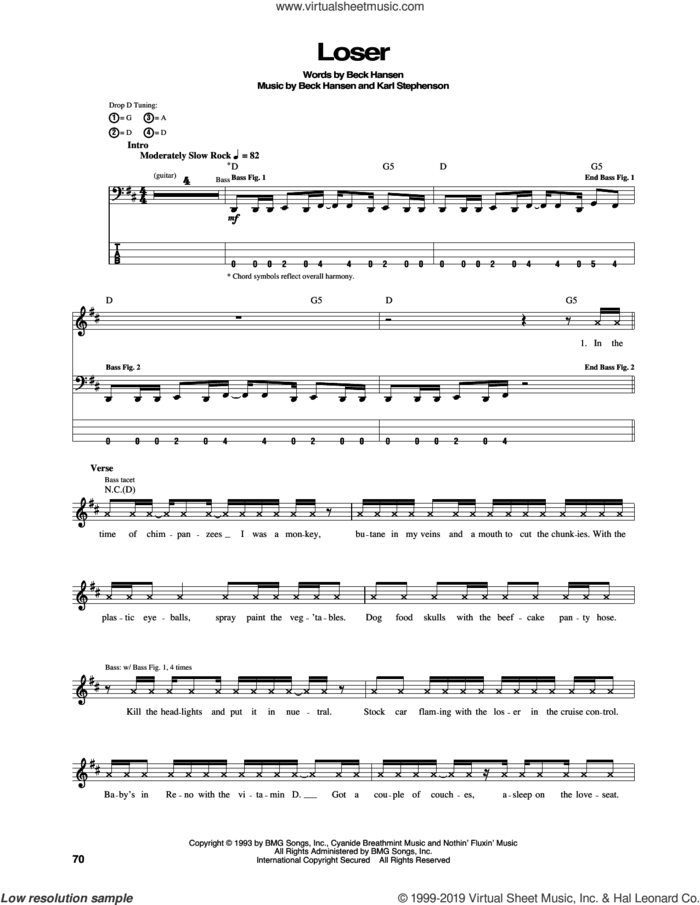 Loser sheet music for bass (tablature) (bass guitar) by Beck Hansen and Karl Stephenson, intermediate skill level