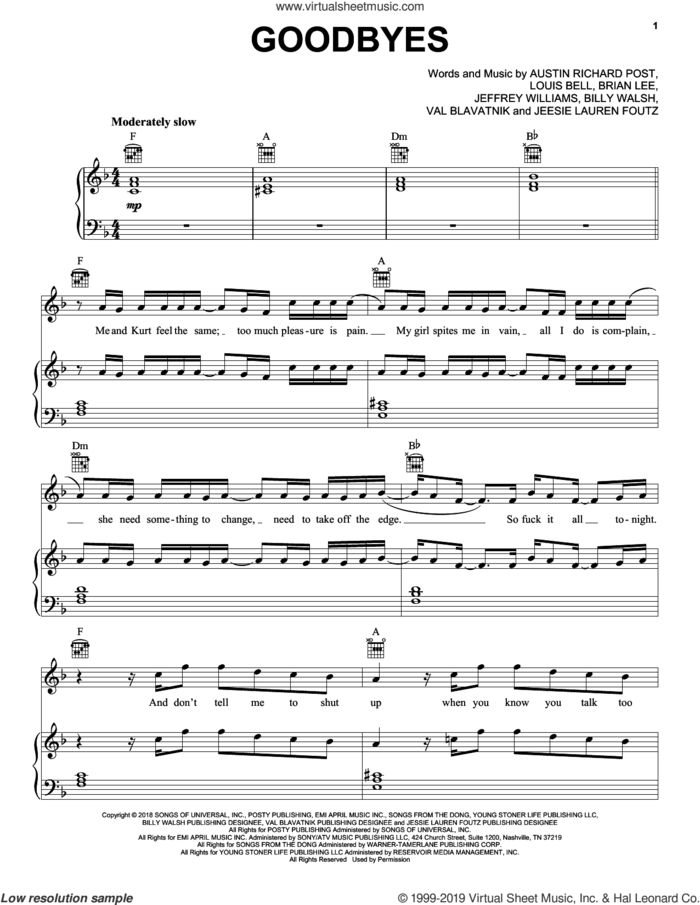 Goodbyes (feat. Young Thug) sheet music for voice, piano or guitar by Post Malone, Young Thug, Austin Richard Post, Billy Walsh, Brian Lee, Jeffrey Williams, Jessie Lauren Foutz, Louis Bell and Val Blavatnik, intermediate skill level