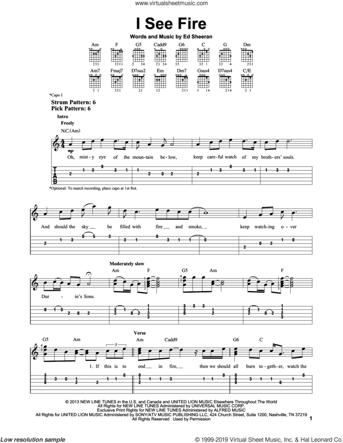 I See Fire (from The Hobbit) sheet music for guitar solo (easy tablature) by Ed Sheeran, easy guitar (easy tablature)