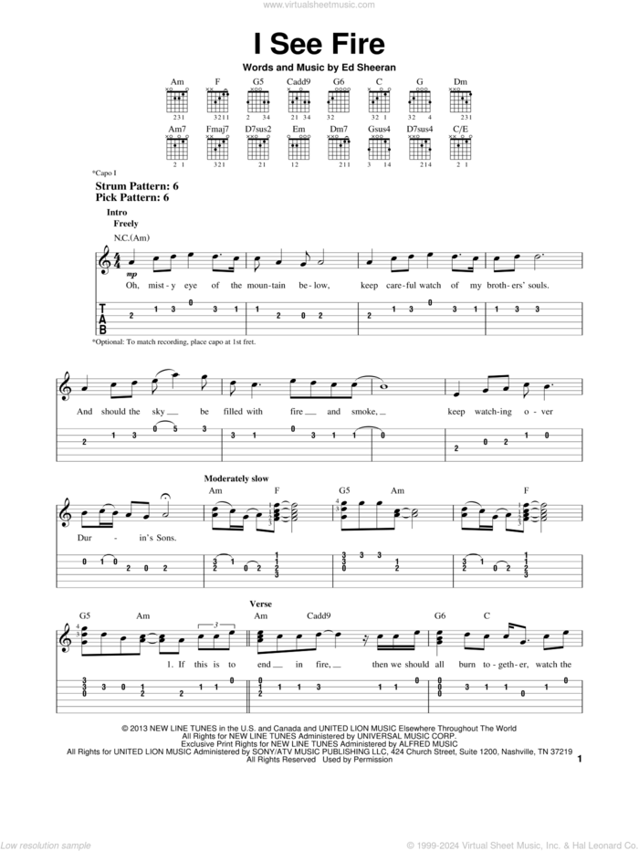 I See Fire (from The Hobbit) sheet music for guitar solo (easy tablature) by Ed Sheeran, easy guitar (easy tablature)