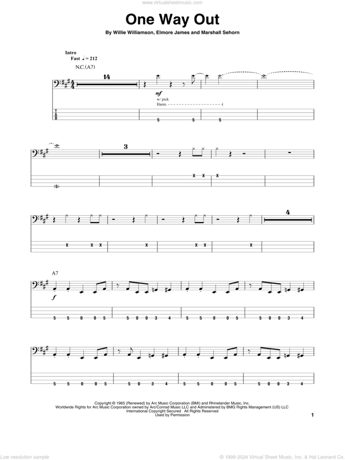 One Way Out sheet music for bass (tablature) (bass guitar) by The Allman Brothers Band, Elmore James, Marshall Sehorn and Willie Williamson, intermediate skill level