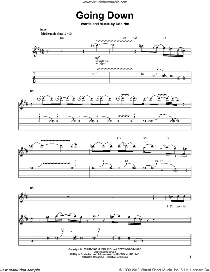 Going Down sheet music for guitar (tablature, play-along) by Freddie King and Don Nix, intermediate skill level