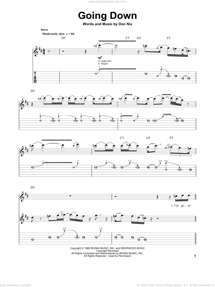 Going Down sheet music for guitar (tablature, play-along) by Freddie King and Don Nix, intermediate skill level