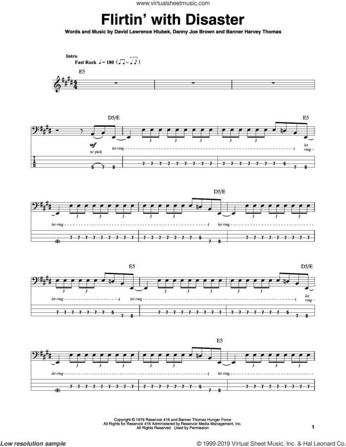 Flirtin' With Disaster sheet music for bass (tablature) (bass guitar) by Molly Hatchet, Banner Harvey Thomas, Danny Joe Brown and David Lawrence Hlubek, intermediate skill level