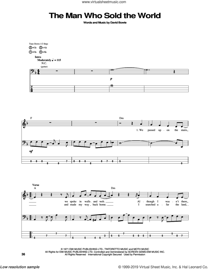 The Man Who Sold The World sheet music for bass (tablature) (bass guitar) by Nirvana and David Bowie, intermediate skill level