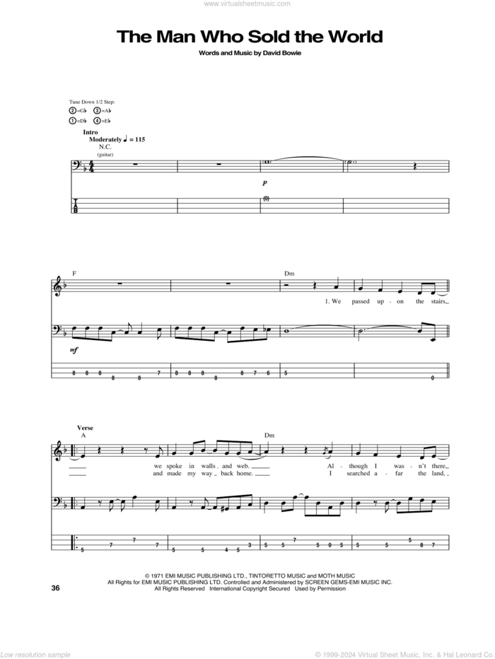 The Man Who Sold The World sheet music for bass (tablature) (bass guitar) by Nirvana and David Bowie, intermediate skill level