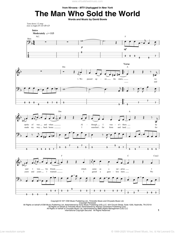 The Man Who Sold The World sheet music for bass (tablature) (bass guitar) by Nirvana and David Bowie, intermediate skill level