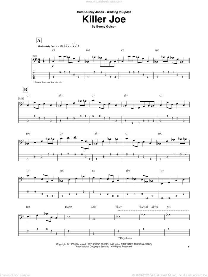 Killer Joe sheet music for bass (tablature) (bass guitar) by Quincy Jones and Benny Golson, intermediate skill level