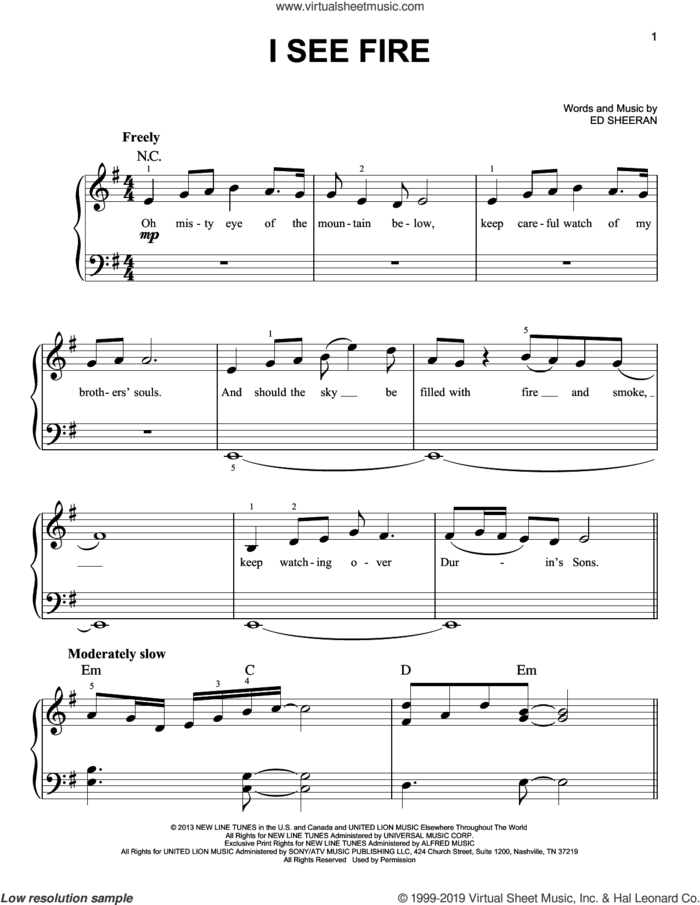 I See Fire (from The Hobbit), (easy) sheet music for piano solo by Ed Sheeran, easy skill level