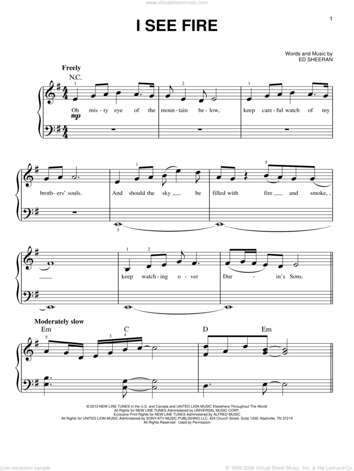 I See Fire (from The Hobbit), (easy) sheet music for piano solo by Ed Sheeran, easy skill level