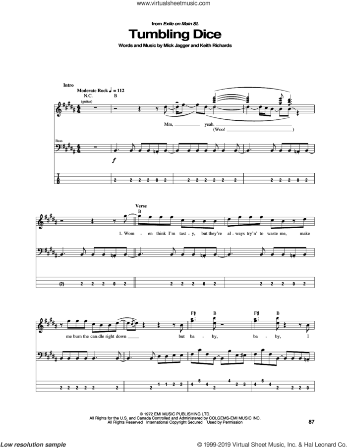 Tumbling Dice sheet music for bass (tablature) (bass guitar) by The Rolling Stones, Keith Richards and Mick Jagger, intermediate skill level
