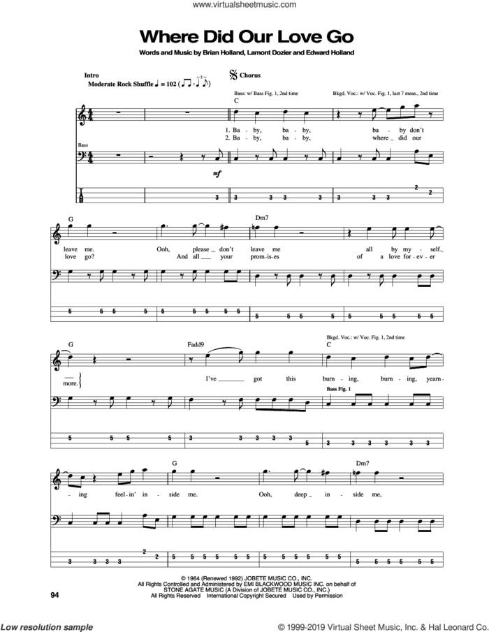 Where Did Our Love Go sheet music for bass (tablature) (bass guitar) by The Supremes, Brian Holland, Eddie Holland and Lamont Dozier, intermediate skill level