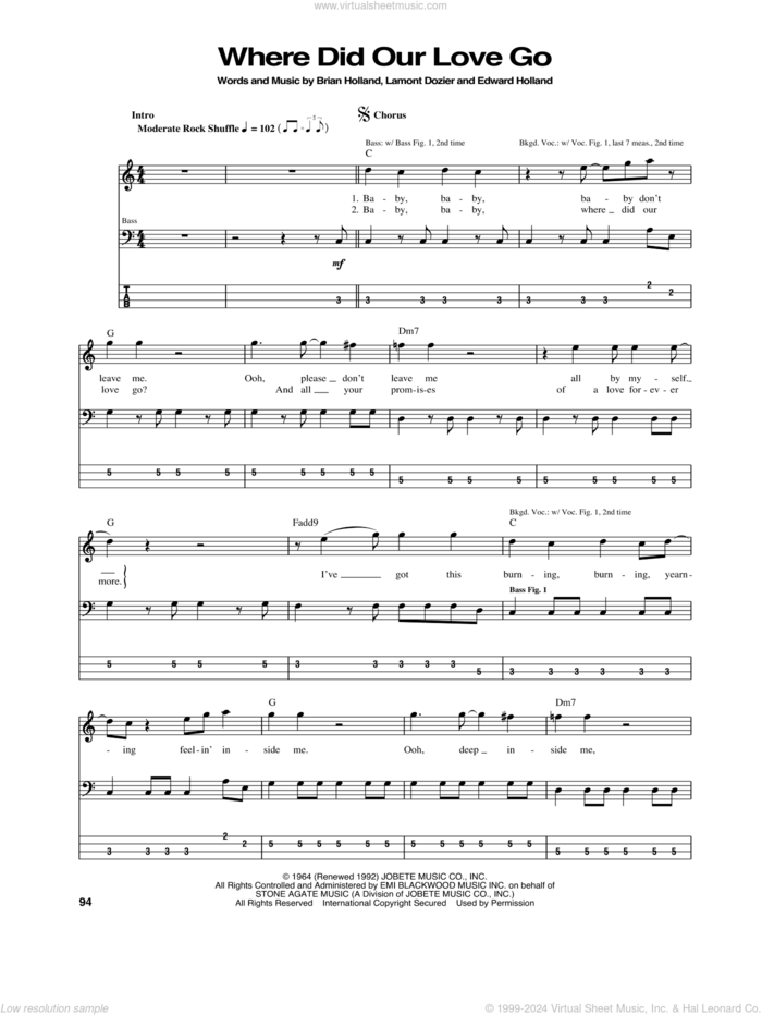 Where Did Our Love Go sheet music for bass (tablature) (bass guitar) by The Supremes, Brian Holland, Eddie Holland and Lamont Dozier, intermediate skill level