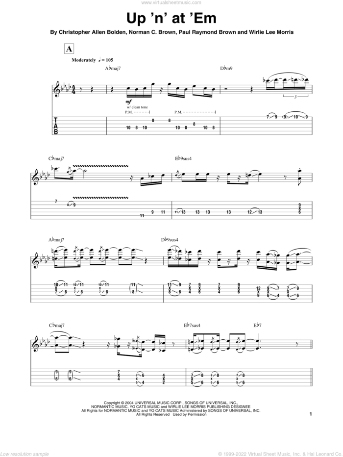 Up 'N' At 'Em sheet music for guitar (tablature, play-along) by Norman Brown, Christopher Allen Bolden, Paul Raymond Brown and Wirlie Lee Morris, intermediate skill level