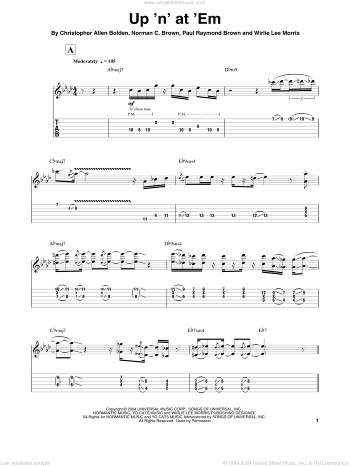 Up 'N' At 'Em sheet music for guitar (tablature, play-along) by Norman Brown, Christopher Allen Bolden, Paul Raymond Brown and Wirlie Lee Morris, intermediate skill level