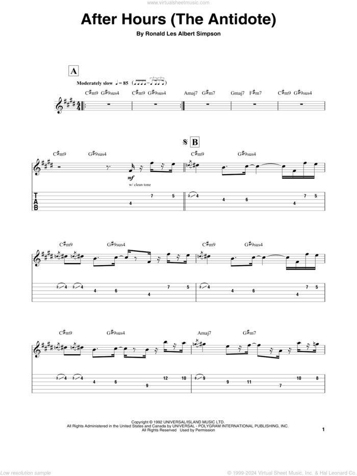 After Hours (The Antidote) sheet music for guitar (tablature, play-along) by Ronny Jordan and Ronald Les Albert Simpson, intermediate skill level