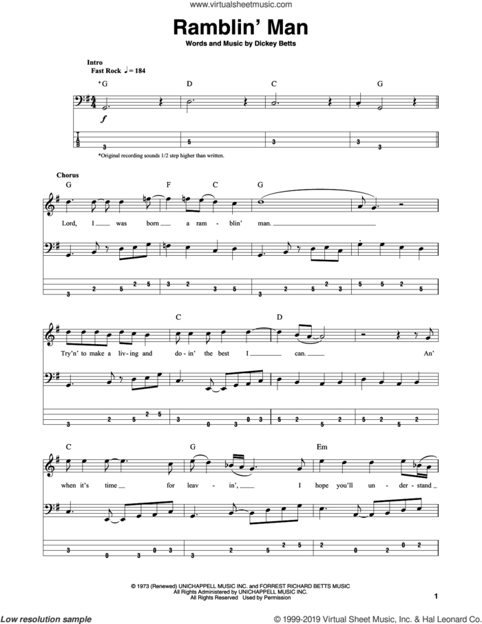 Ramblin' Man sheet music for bass (tablature) (bass guitar) by The Allman Brothers Band and Dickey Betts, intermediate skill level