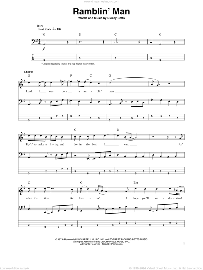 Ramblin' Man sheet music for bass (tablature) (bass guitar) by The Allman Brothers Band and Dickey Betts, intermediate skill level