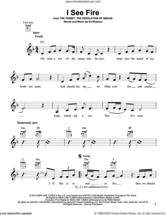 I See Fire (from The Hobbit) sheet music for ukulele by Ed Sheeran, intermediate skill level