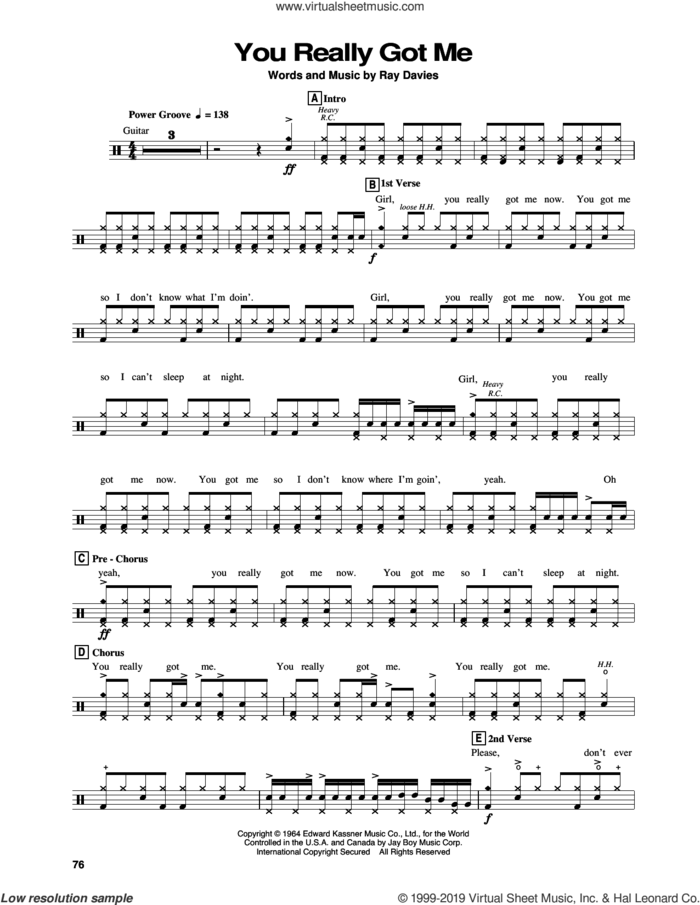 You Really Got Me sheet music for drums by Ray Davies and Edward Van Halen, intermediate skill level