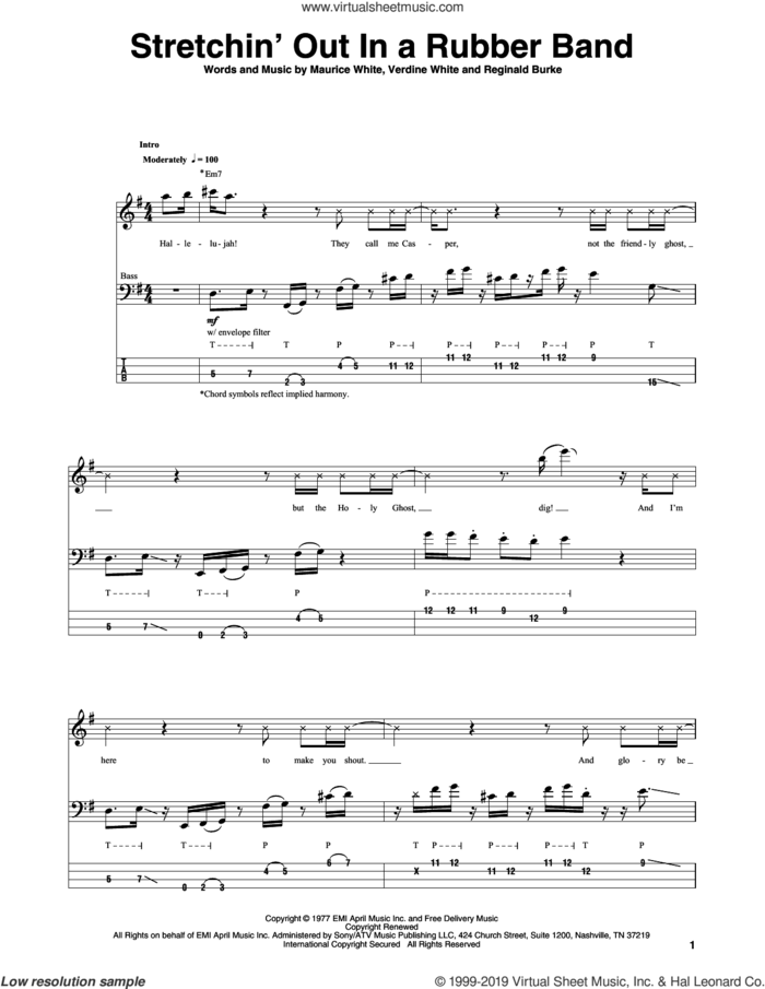 Stretchin' Out In A Rubber Band sheet music for bass (tablature) (bass guitar) by Bootsy Collins, George Clinton and William Earl Collins, intermediate skill level