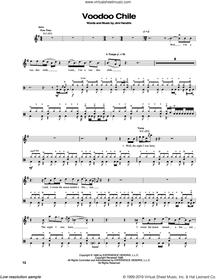 Voodoo Chile sheet music for drums by Jimi Hendrix, intermediate skill level