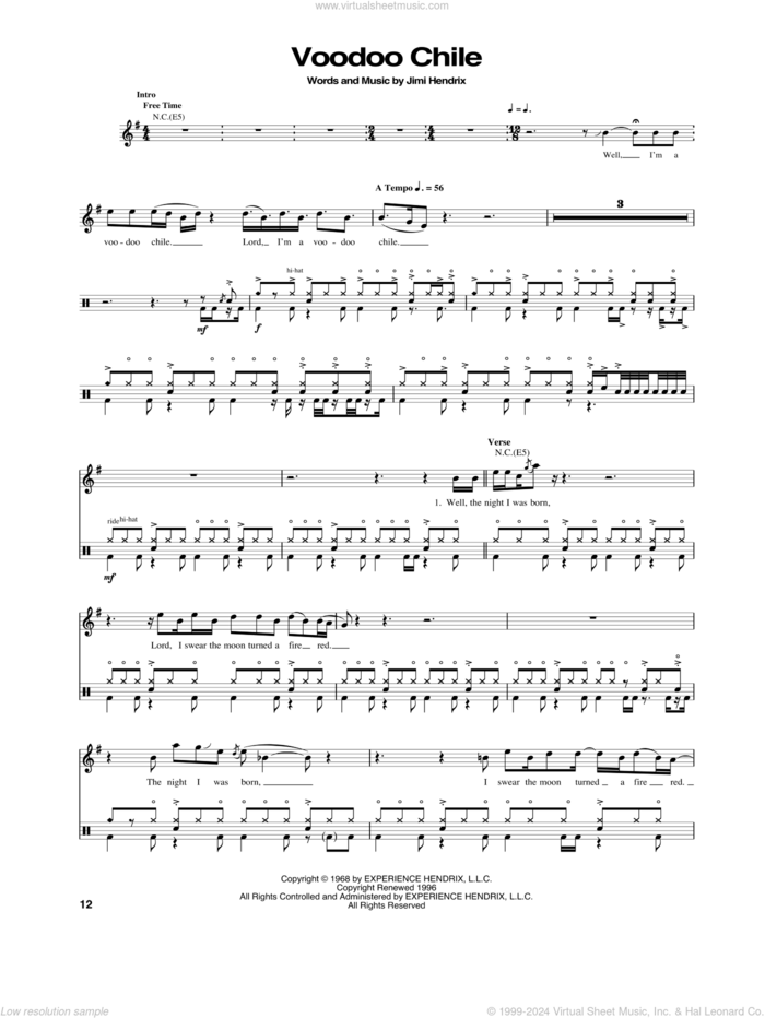 Voodoo Chile sheet music for drums by Jimi Hendrix, intermediate skill level