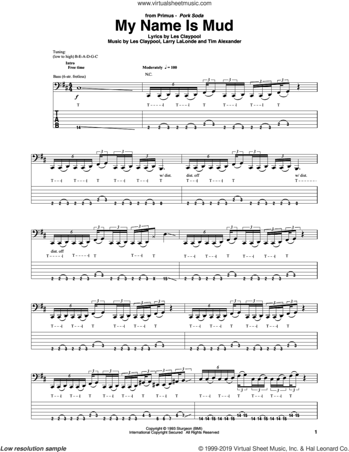 My Name Is Mud sheet music for bass (tablature) (bass guitar) by Primus, Larry LaLonde, Les Claypool and Tim Alexander, intermediate skill level